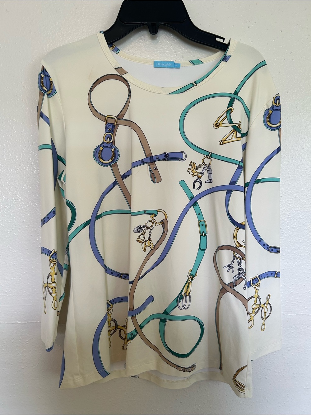 J. McLaughlin Cream Long Sleeve Top with Teal, Blue and Brown Harness Print